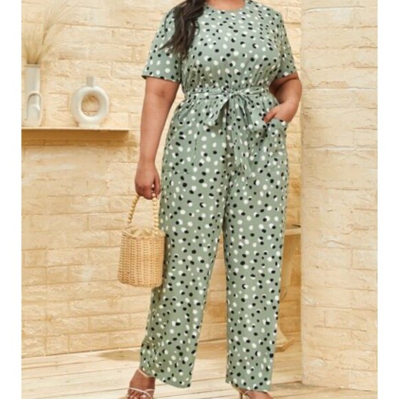 Shein Curve Jumpsuit Womens 2XL Green Wide Leg Polka Dots Short Sleeves Romper - Picture 9 of 10